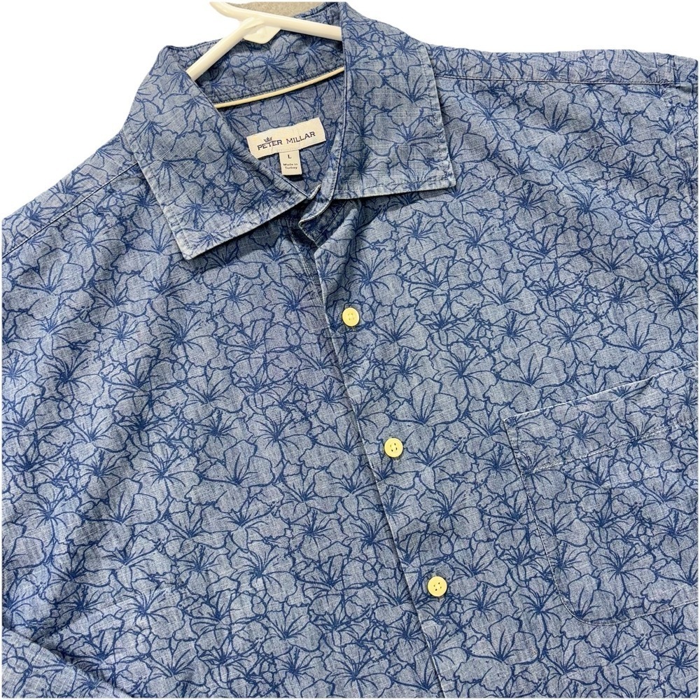 Peter Millar Hawaiian Shirt Mens L Blue Floral Long Sleeve Tropical Resort Beach